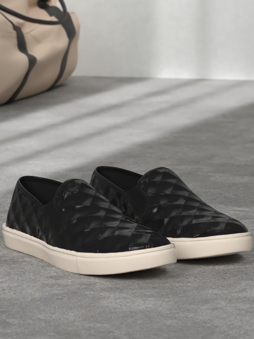 Steve Madden Black Quilted Slip-On Flats with White Sole